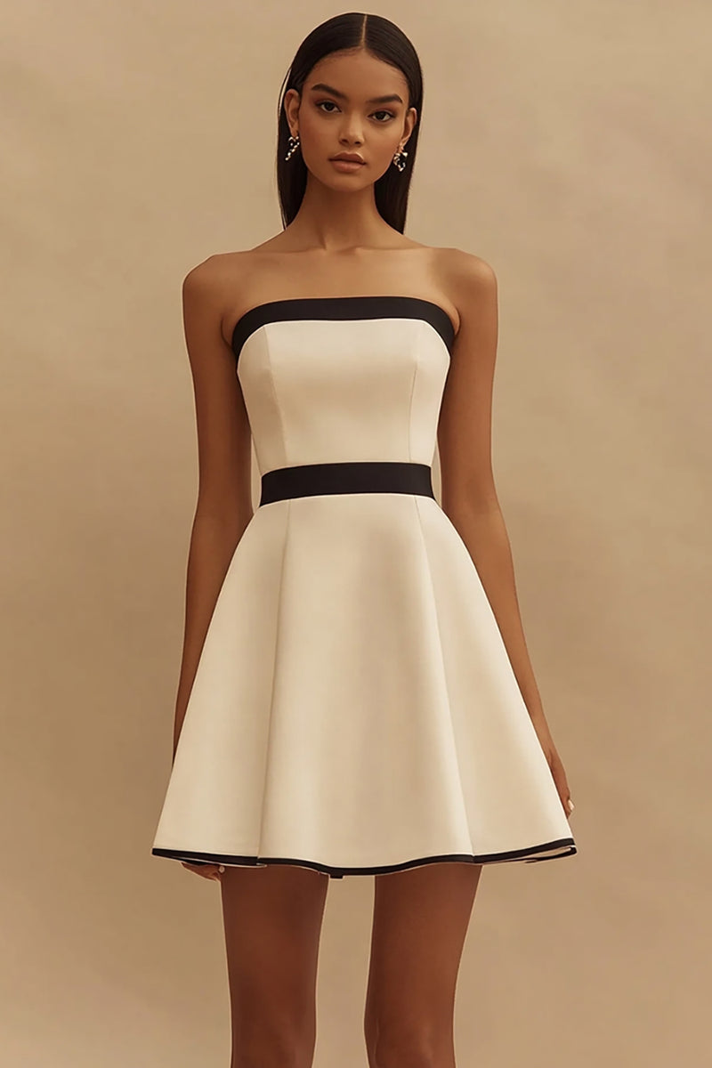 Load image into Gallery viewer, Ivory and Black Satin Strapless Short A Line Graduation Dress
