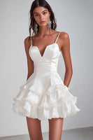 Load image into Gallery viewer, White Satin Spaghetti Straps Short Graduation Dress with Ruffles