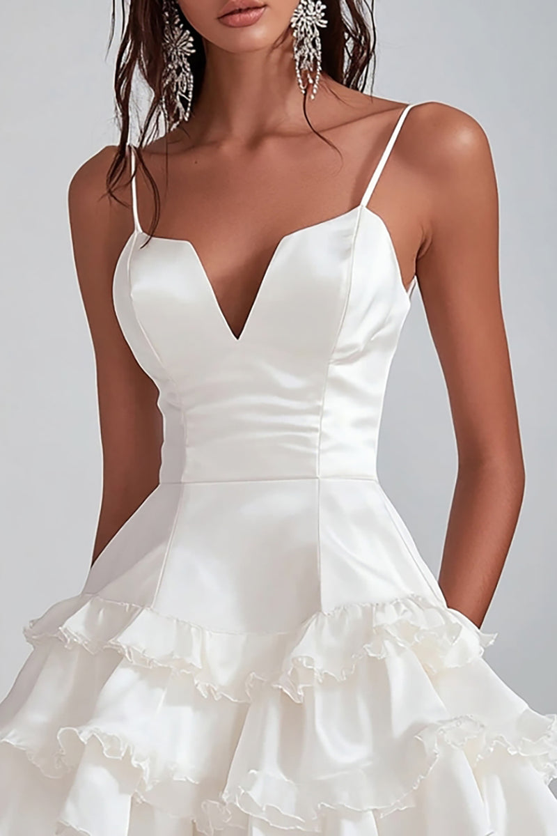 Load image into Gallery viewer, White Satin Spaghetti Straps Short Graduation Dress with Ruffles