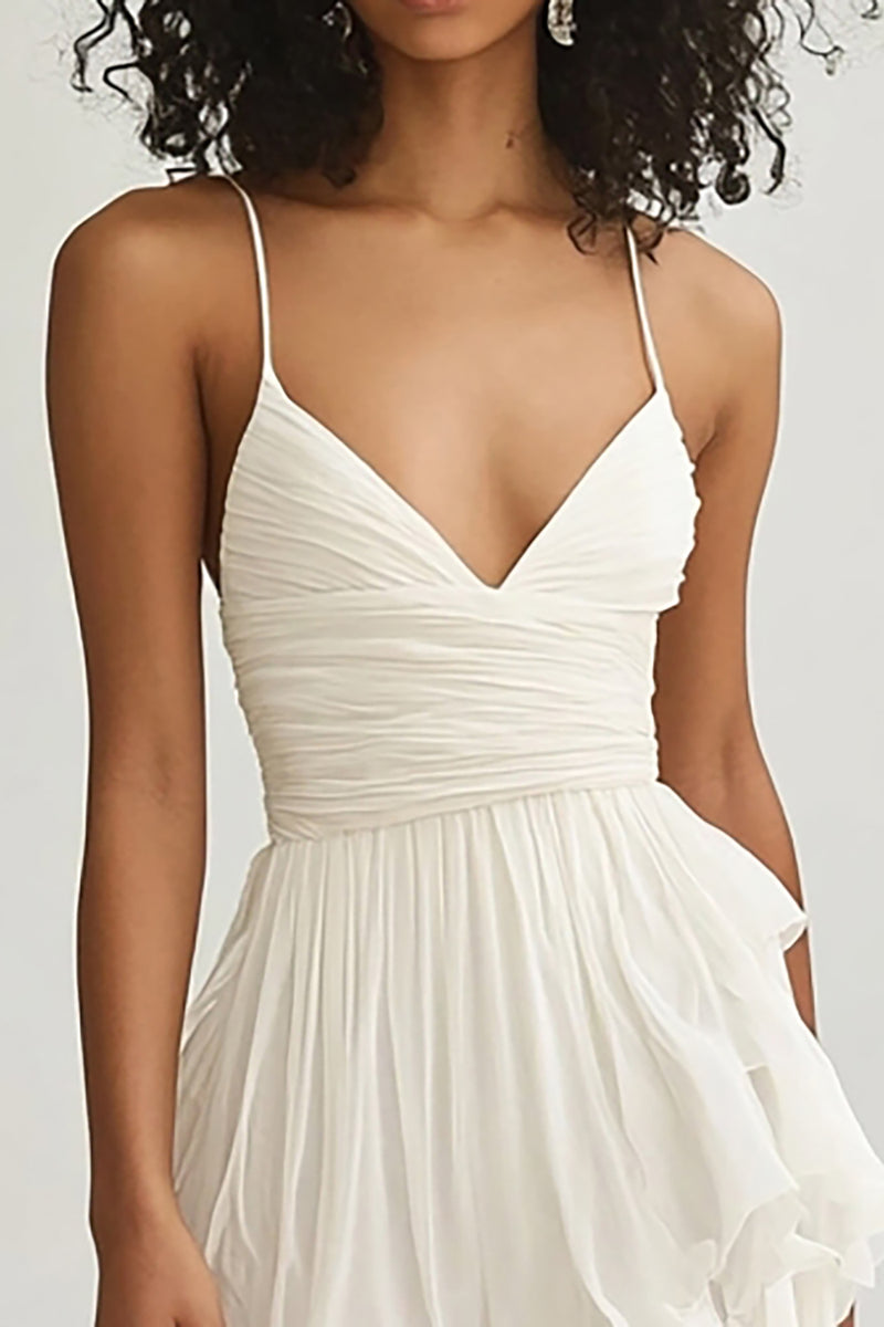 Load image into Gallery viewer, Ivory Chiffon V Neck Pleated Graduation Dress with Ruffles
