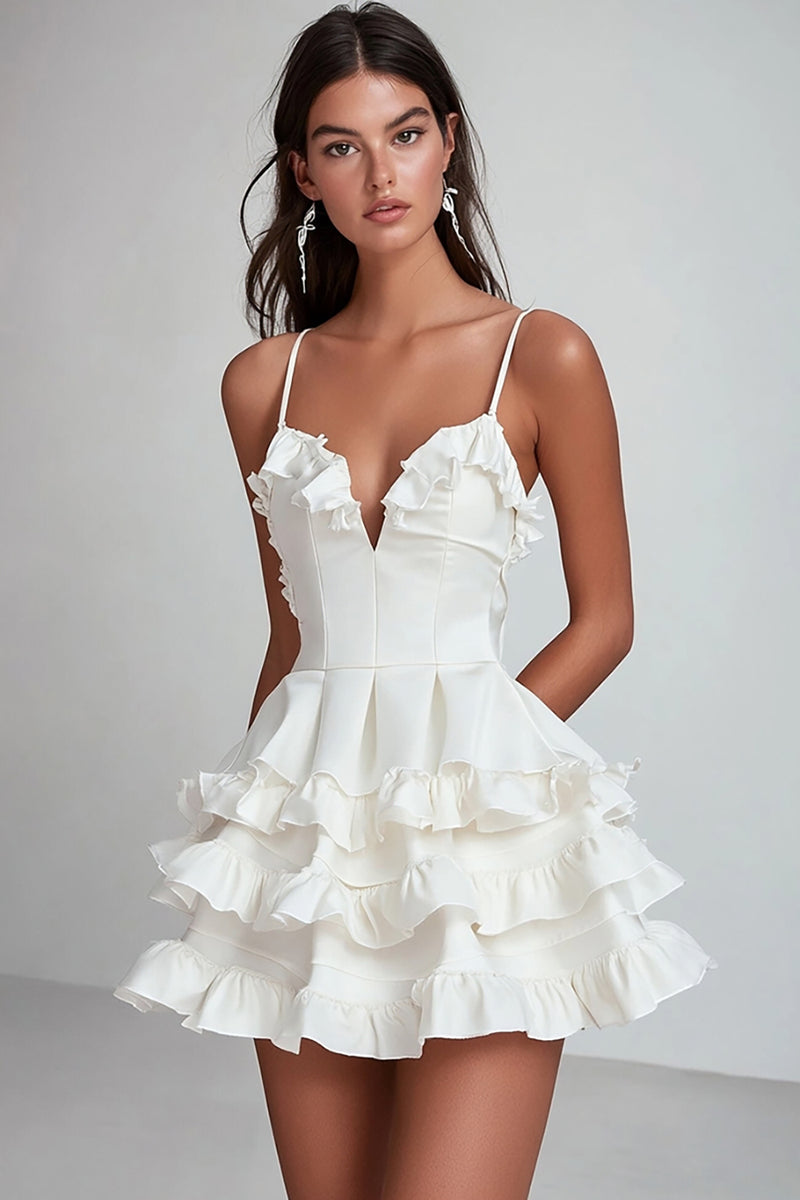 Load image into Gallery viewer, White Satin V Neck Short Ruched Graduation Dress with Ruffles