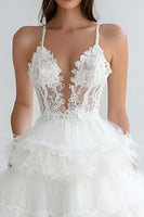 Load image into Gallery viewer, White Tulle V Neck Short A Line Graduation Dress with Lace