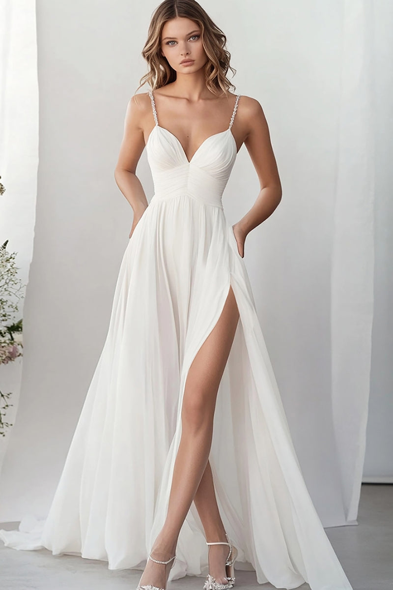 Load image into Gallery viewer, White Spaghetti Straps Long Engagement Dress with Slit