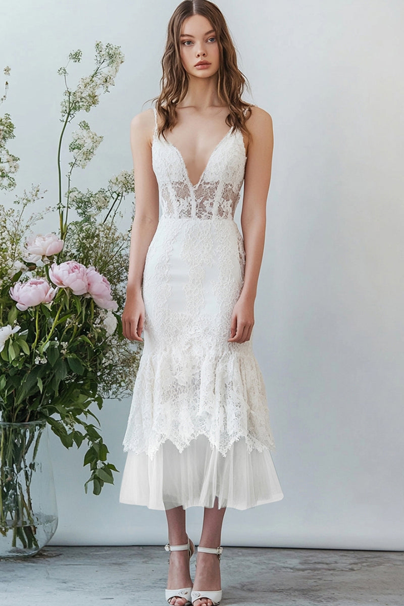 Load image into Gallery viewer, White Lace V Neck Long Mermaid Engagement Dress