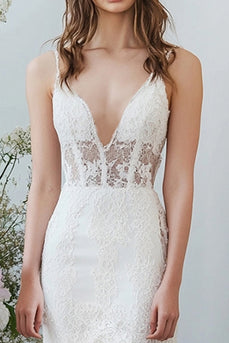 White Lace V Neck Long Mermaid Engagement Dress