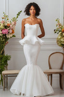 Load image into Gallery viewer, White Satin Strapless Long Mermaid Engagement Dress with Ruffles