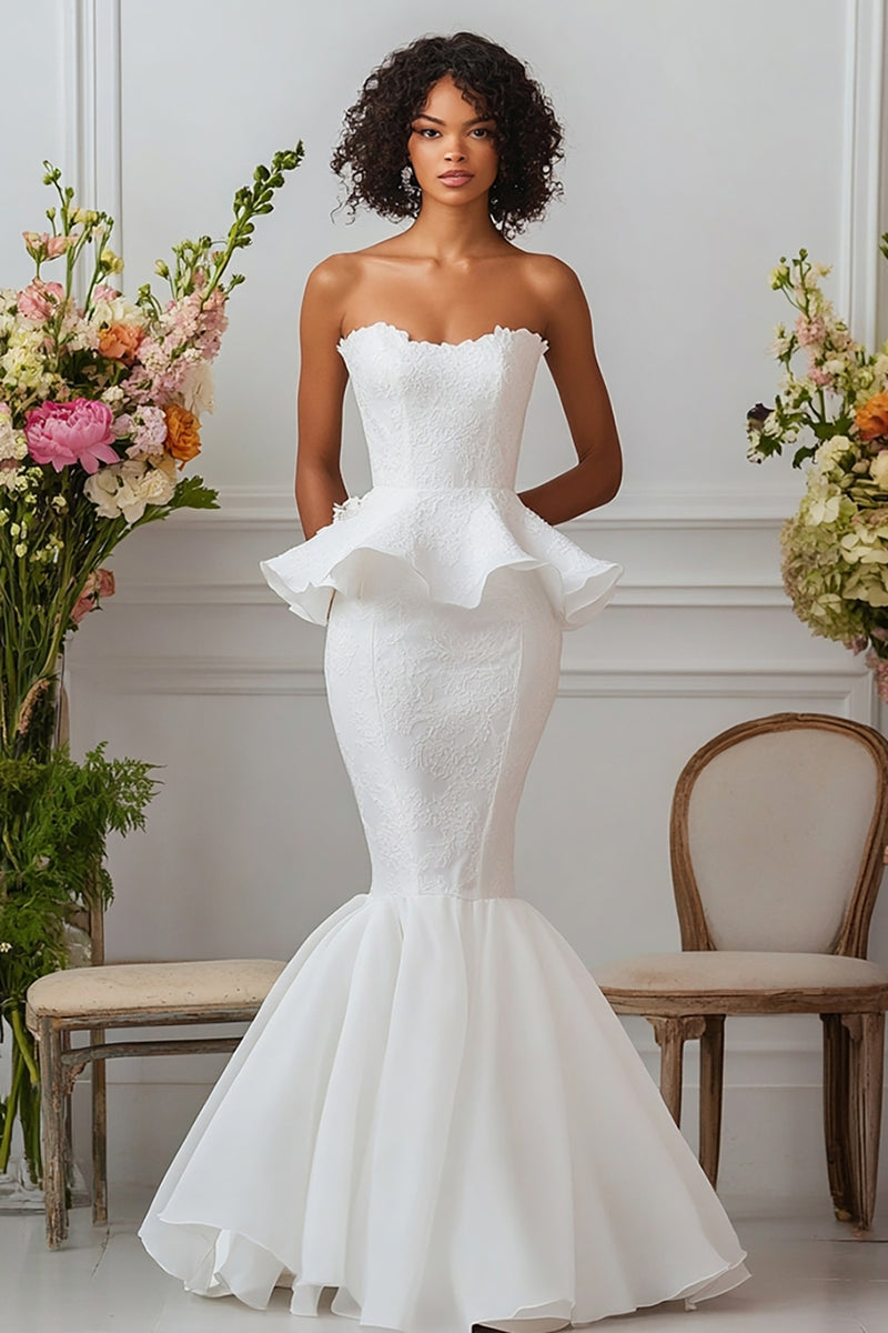 Load image into Gallery viewer, White Satin Strapless Long Mermaid Engagement Dress with Ruffles