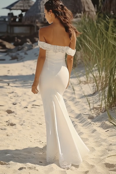 White Satin Long Mermaid Engagement Dress with Ruffles