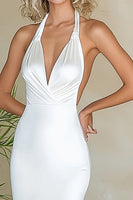 Load image into Gallery viewer, White Satin Long Halter Mermaid Engagement Dress