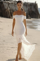 Load image into Gallery viewer, White Satin High-Low Engagement Dress with Lace