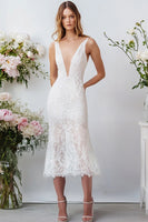 Load image into Gallery viewer, White Lace V Neck Long Sheath Engagement Dress