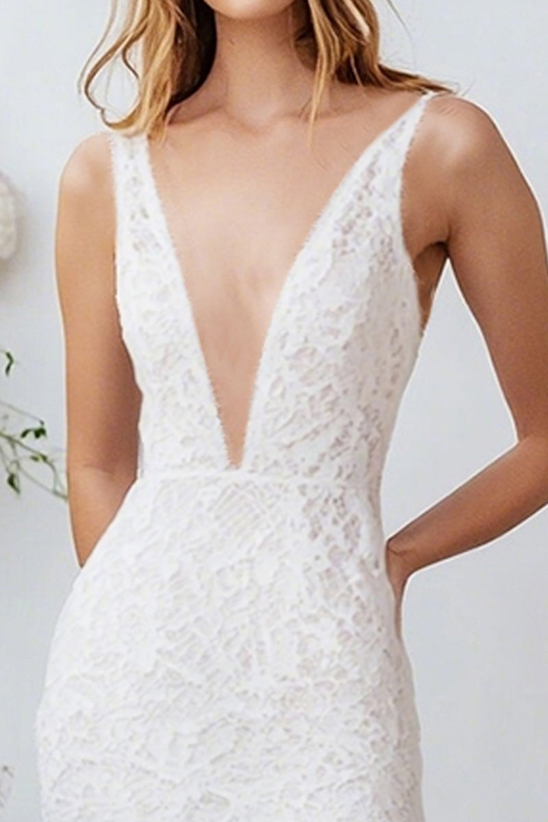 Load image into Gallery viewer, White Lace V Neck Long Sheath Engagement Dress