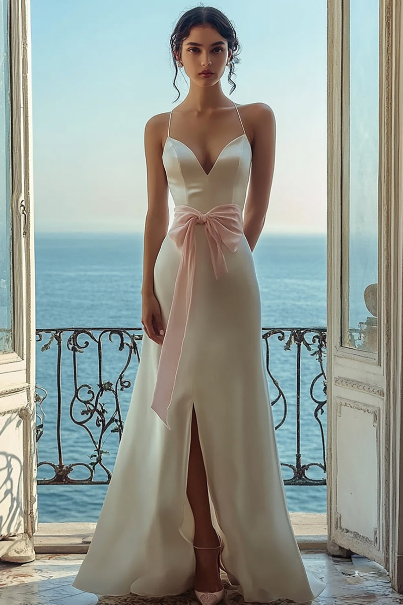Load image into Gallery viewer, White Satin Spaghetti Straps Formal Dress with Slit