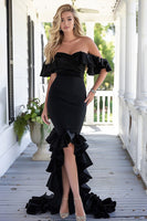 Load image into Gallery viewer, Black Satin Mermaid Off the Shoulder Long Formal Dress with Ruffles