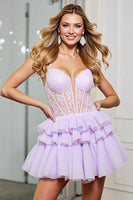 Load image into Gallery viewer, Corset Lilac Tulle A Line Short Homecoming Dress with Appliques