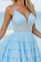 Load image into Gallery viewer, Light Blue Tulle A Line Short Corset Homecoming Dress with Beading