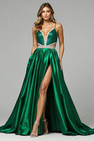 Load image into Gallery viewer, Sparkly Dark Green A Line V-Neck Long Prom Dress with Slit
