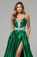 Load image into Gallery viewer, Sparkly Dark Green A Line V-Neck Long Prom Dress with Slit