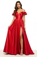 Load image into Gallery viewer, Red Off the Shoulder A Line Satin Long Prom Dress with Slit