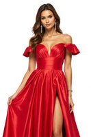 Load image into Gallery viewer, Red Off the Shoulder A Line Satin Long Prom Dress with Slit
