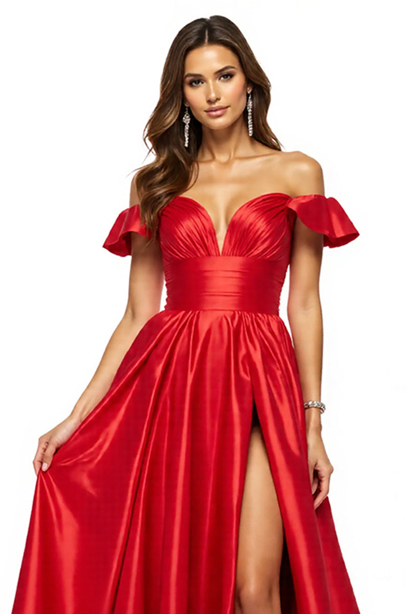 Load image into Gallery viewer, Red Off the Shoulder A Line Satin Long Prom Dress with Slit