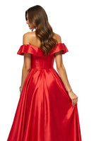 Load image into Gallery viewer, Red Off the Shoulder A Line Satin Long Prom Dress with Slit