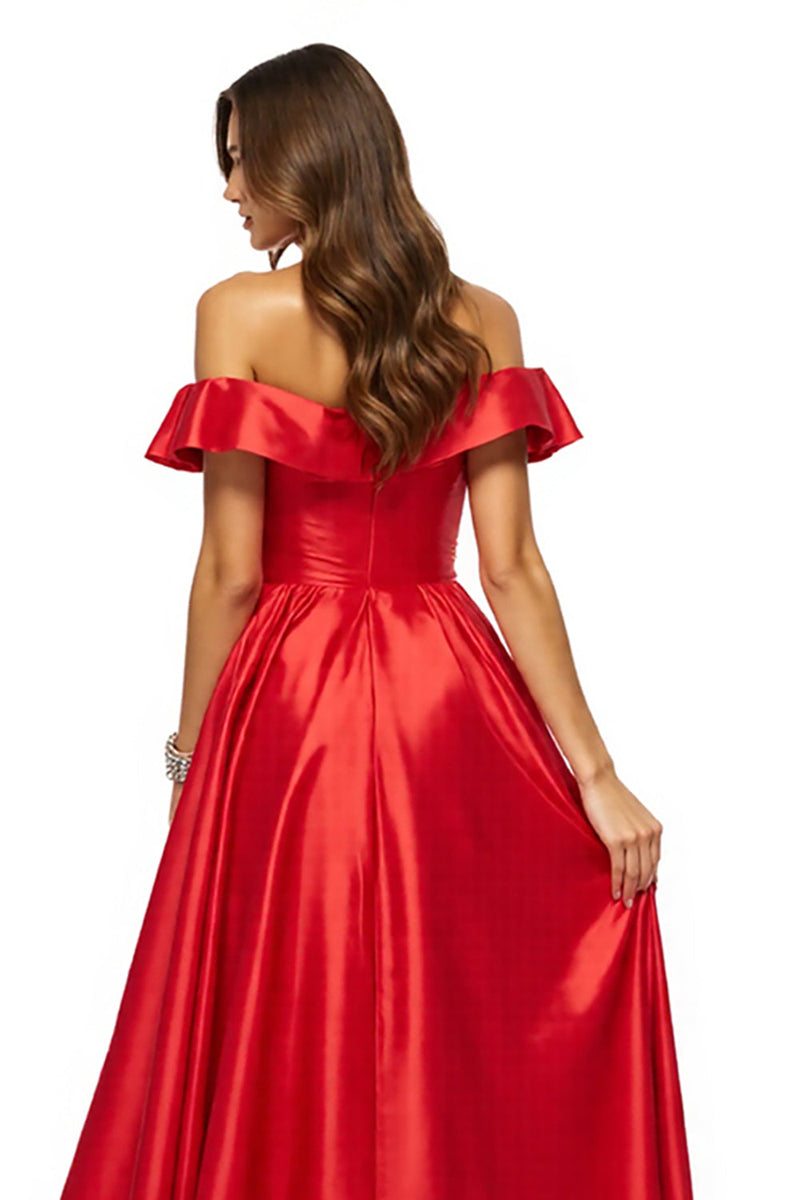 Load image into Gallery viewer, Red Off the Shoulder A Line Satin Long Prom Dress with Slit