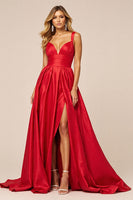 Load image into Gallery viewer, Red Satin A Line V-Neck Long Prom Dress with Slit