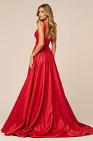 Load image into Gallery viewer, Red Satin A Line V-Neck Long Prom Dress with Slit