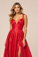 Load image into Gallery viewer, Red Satin A Line V-Neck Long Prom Dress with Slit