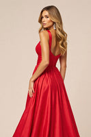 Load image into Gallery viewer, Red Satin A Line V-Neck Long Prom Dress with Slit