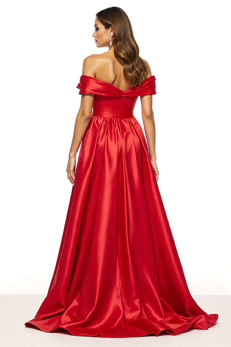 Load image into Gallery viewer, A Line Red Off the Shoulder Satin Long Prom Dress with Slit