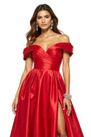 Load image into Gallery viewer, A Line Red Off the Shoulder Satin Long Prom Dress with Slit