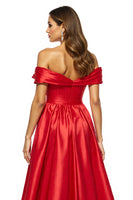 Load image into Gallery viewer, A Line Red Off the Shoulder Satin Long Prom Dress with Slit