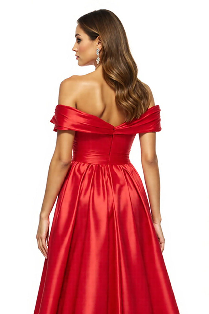 Load image into Gallery viewer, A Line Red Off the Shoulder Satin Long Prom Dress with Slit