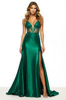 Load image into Gallery viewer, Dark Green V-Neck Appliqued Sheath Long Prom Dress with Slit