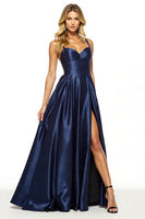 Load image into Gallery viewer, Navy Satin A Line Spaghetti Straps Long Prom Dress with Slit