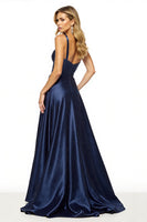 Load image into Gallery viewer, Navy Satin A Line Spaghetti Straps Long Prom Dress with Slit