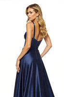 Load image into Gallery viewer, Navy Satin A Line Spaghetti Straps Long Prom Dress with Slit