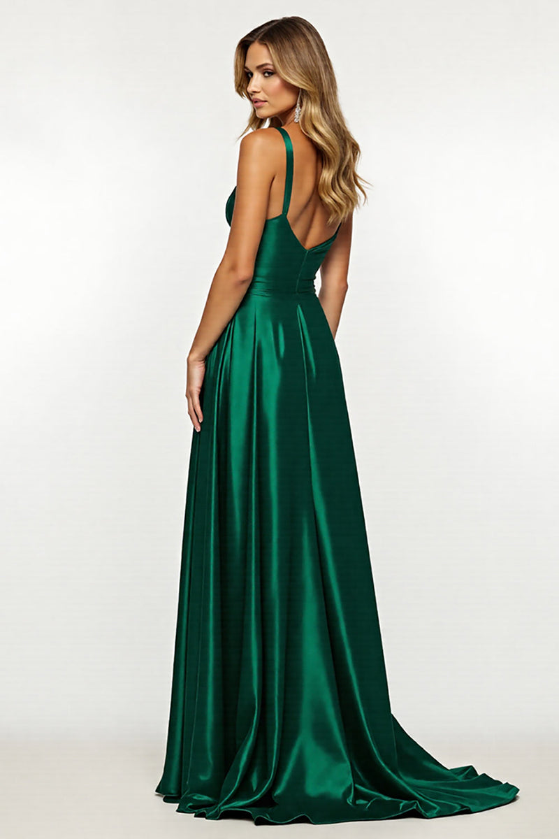 Load image into Gallery viewer, Dark Green V-Neck Satin Long A Line Prom Dress with Slit