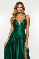 Load image into Gallery viewer, Dark Green V-Neck Satin Long A Line Prom Dress with Slit