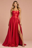 Load image into Gallery viewer, Red A Line Satin Long Strapless Prom Dress with Slit