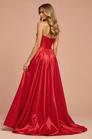 Load image into Gallery viewer, Red A Line Satin Long Strapless Prom Dress with Slit