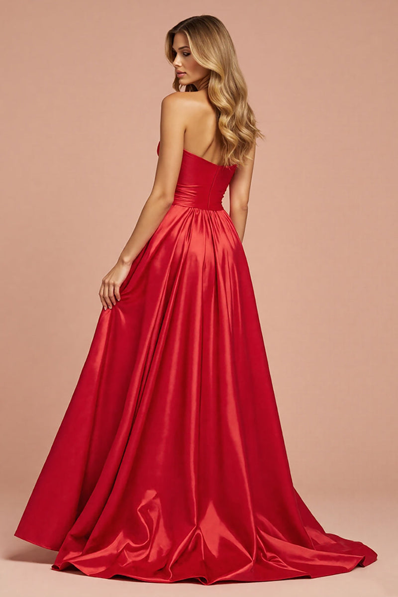 Load image into Gallery viewer, Red A Line Satin Long Strapless Prom Dress with Slit