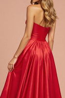 Load image into Gallery viewer, Red A Line Satin Long Strapless Prom Dress with Slit