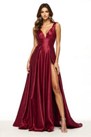 Load image into Gallery viewer, Satin Burgundy V-Neck A Line Long Prom Dress with Slit