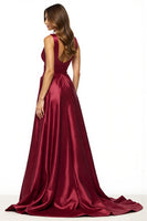 Load image into Gallery viewer, Satin Burgundy V-Neck A Line Long Prom Dress with Slit