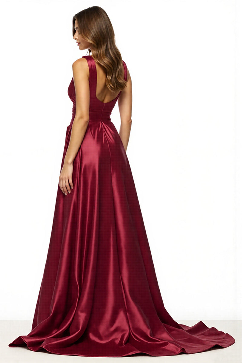 Load image into Gallery viewer, Satin Burgundy V-Neck A Line Long Prom Dress with Slit