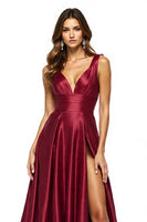 Load image into Gallery viewer, Satin Burgundy V-Neck A Line Long Prom Dress with Slit