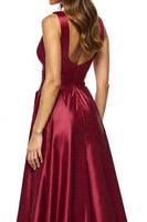 Load image into Gallery viewer, Satin Burgundy V-Neck A Line Long Prom Dress with Slit